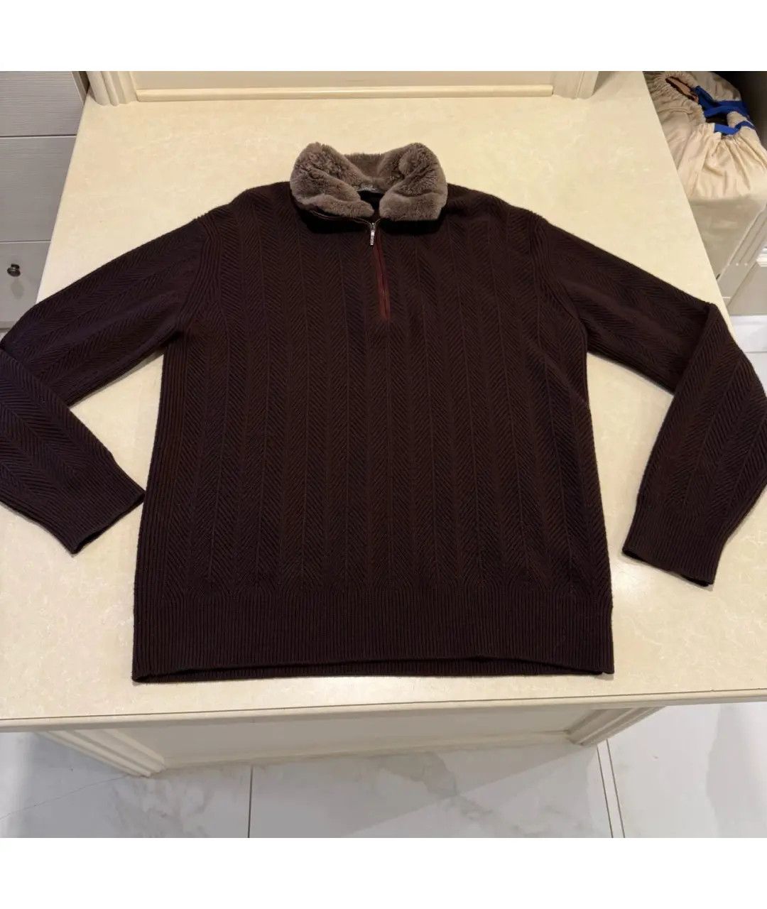 Loro Piana Baby Cashmere Half-Zip Sweater with Fur Collar