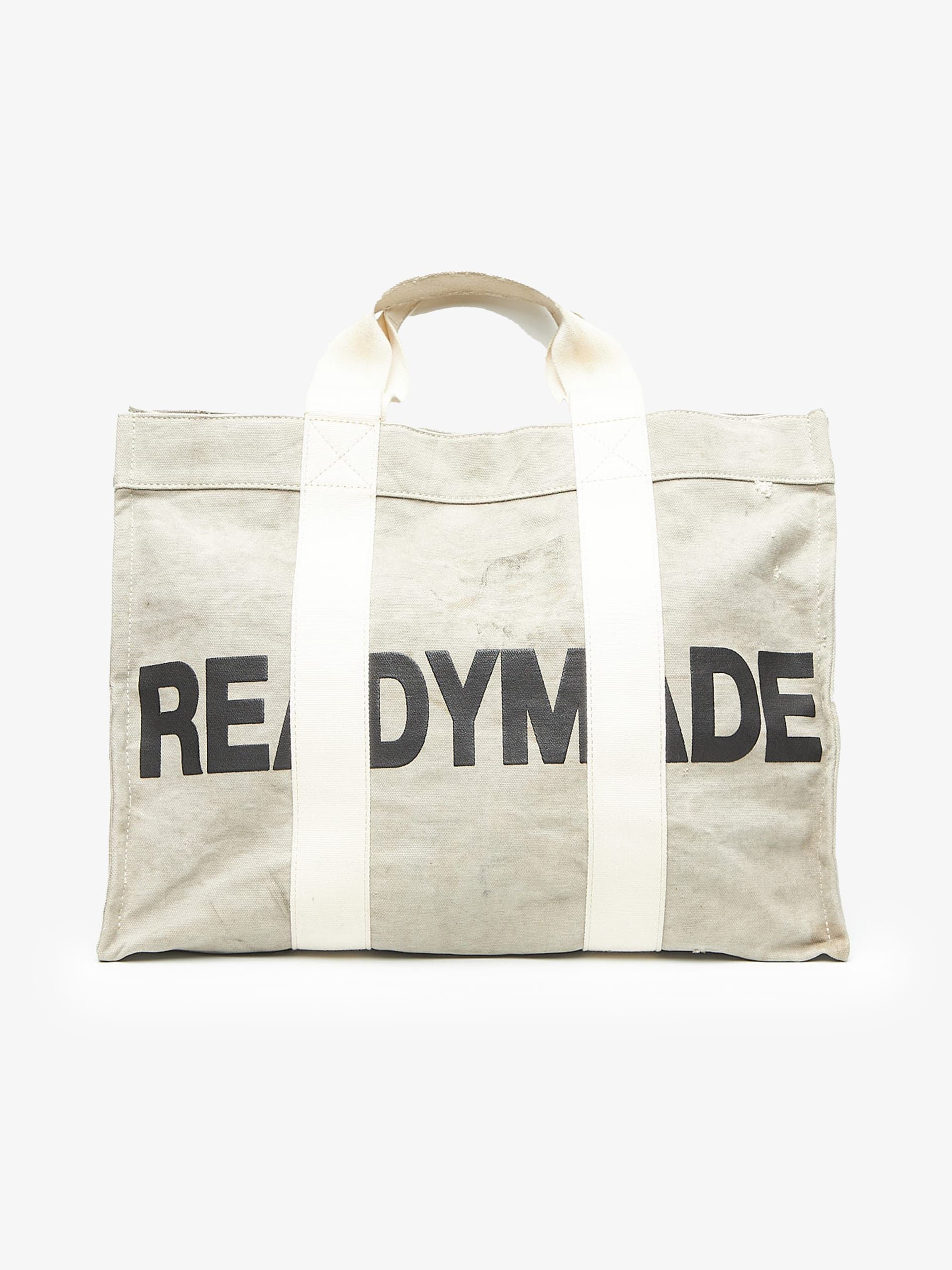 READYMADE Gray Washed Distressed Dirty Logo Printed Buttoned Cotton Tote Bag Size ONE SIZE - 1 Thumbnail