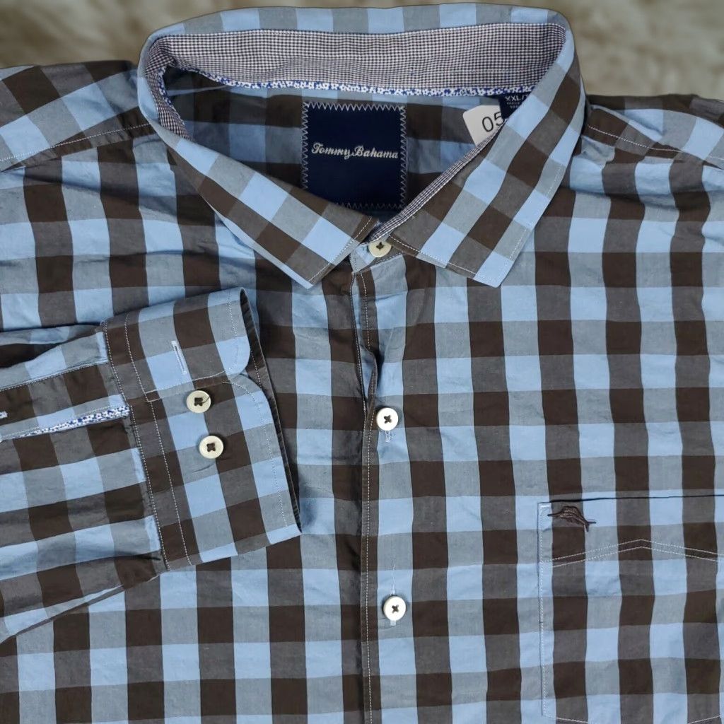 Tommy Bahama Tommy Bahama Shirt Mens Size 2XL Blue Brown Check Cotton Button Up Long Sleeve Size US XXL / EU 58 / 5 - 1 Thumbnail