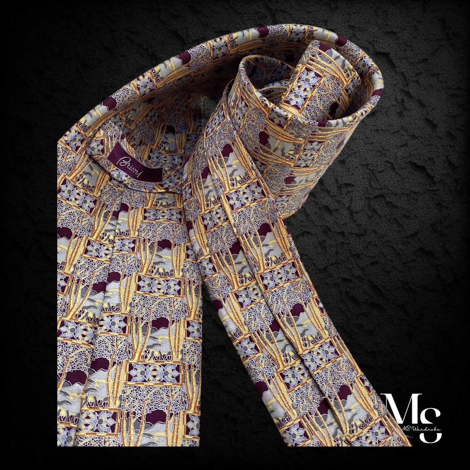 Brioni BRIONI Purple Tree Print Silk Tie Hand Made In Italy W: 3.9" Size ONE SIZE - 2 Thumbnail