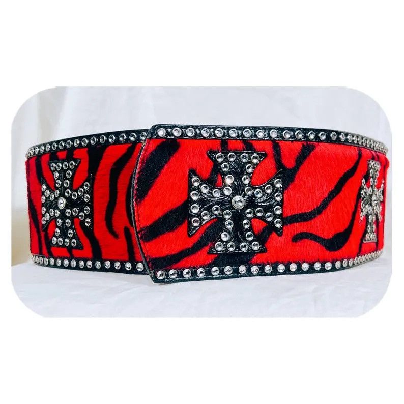 Other Red Zebra Print Pony Hair Leather Studded Iron Cross Belt XL Size 44 - 5 Thumbnail