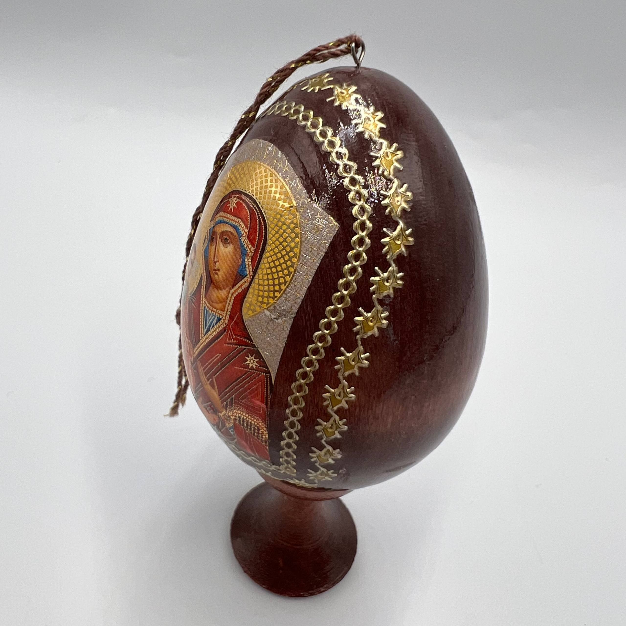 Vintage Vintage Wooden Christian Egg Icon Virgin Mary Hand-Painted Size ONE SIZE - 4 Thumbnail