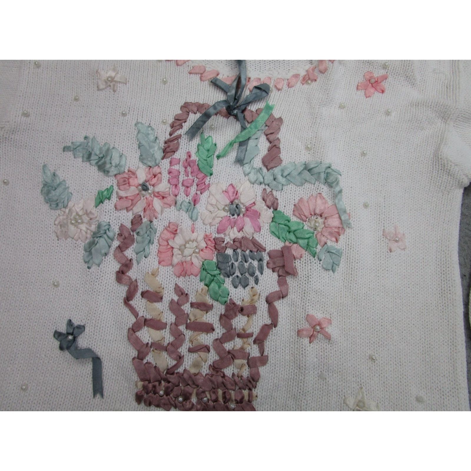 Vintage VINTAGE Shenanigans Floral Embroidered Knit Sweater Womens M White Crew Neck Long Sleeve Pullover Casual Flower Retro Crochet Lace Embroidered Size M / US 6-8 / IT 42-44 - 2 Thumbnail