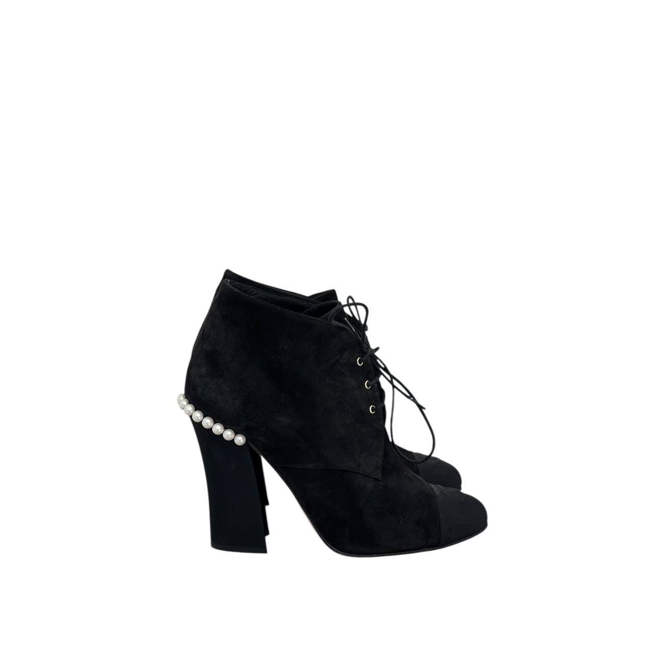 Chanel Chanel Black Suede Lace Up Pearls Booties - Size 38.5 Size US 7.5 / IT 37.5 - 3 Thumbnail