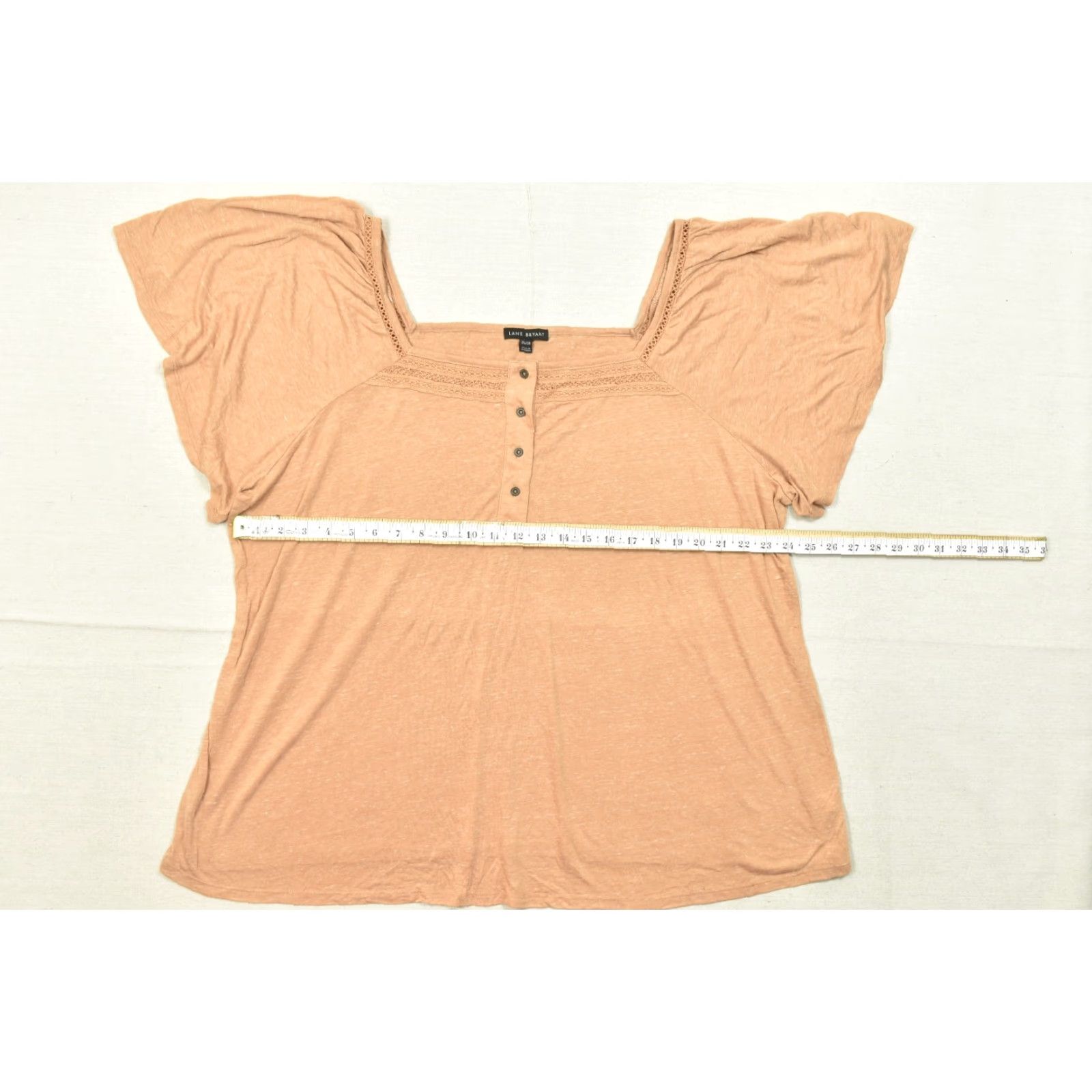 Vintage Lane Bryant Blouse Shirt 26 Orange Plus Women Short Flutter Sleeve Square Neck Crochet Trim Pullover Rayon Size 4XL / US 24-26 - 3 Thumbnail