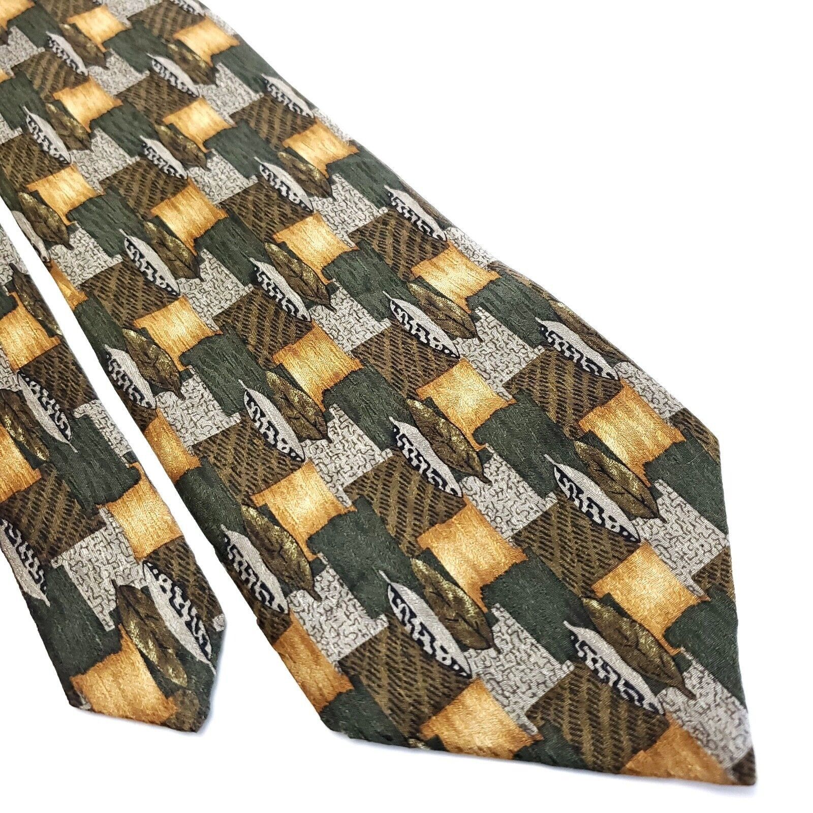 Vintage Cocktail Collections Green Tan Abstract Print Wide Silk Tie Size ONE SIZE - 1 Thumbnail
