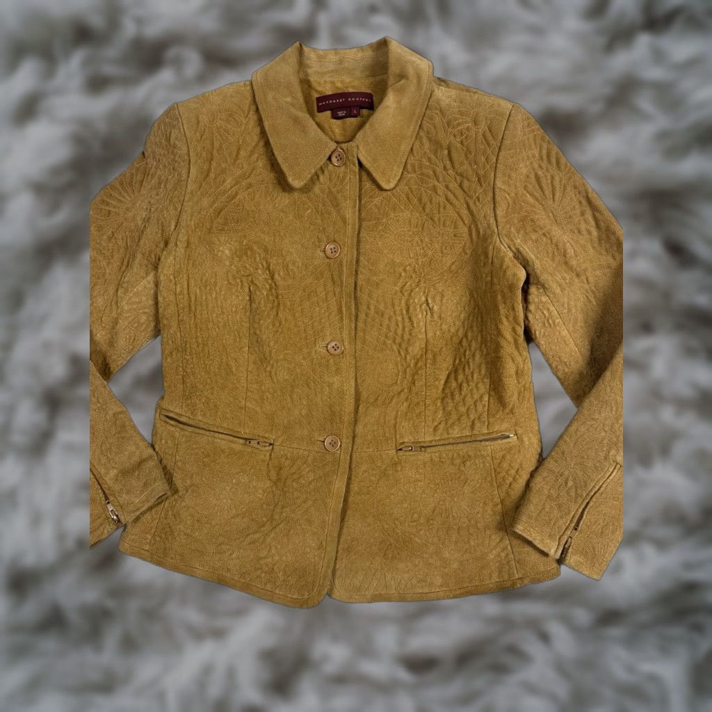 Vintage Margret Godfrey Leather Jacket Women’s L Tan Button Up Embroidered Geometric Jacket Size L / US 10 / IT 46 - 1 Thumbnail