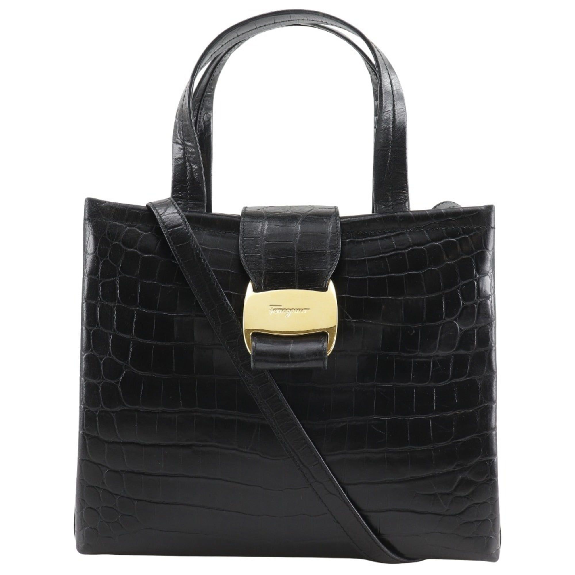 Salvatore Ferragamo Salvatore Ferragamo Vara Handbag, 2-Way Shoulder Bag AQ-21 8252, Embossed Leather, Black, Crossbody, Magnetic closure, Women's Size ONE SIZE - 1 Thumbnail