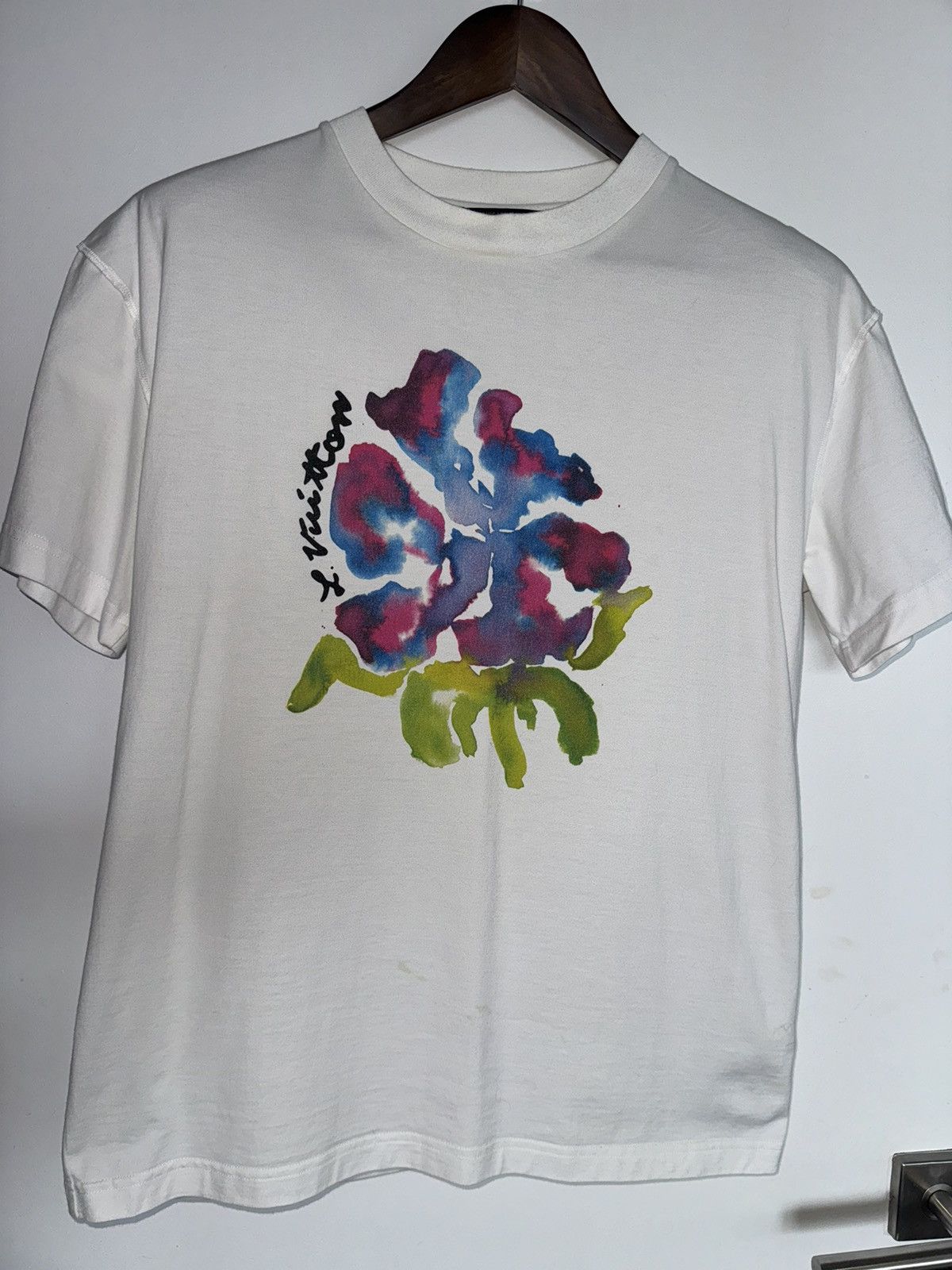 image of Louis Vuitton White Flower Print Tee Shirt, Men's (Size Small)