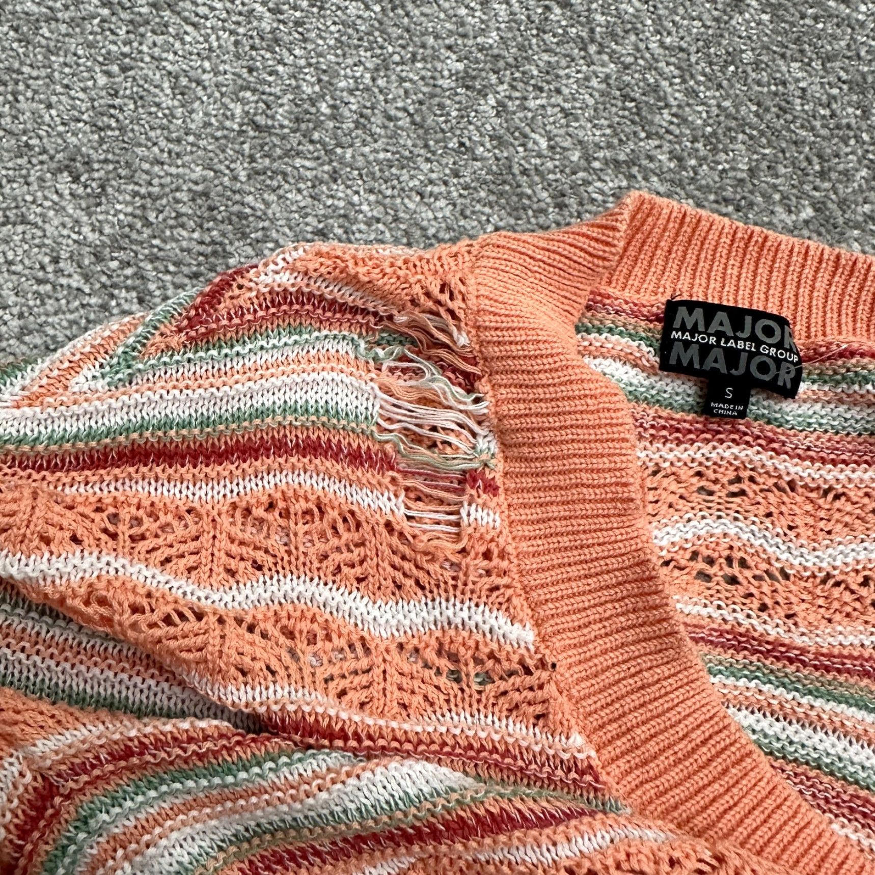 Vintage Major Label Group Cardigan Women S Orange Striped Crochet Cotton Spandex Open-Knit Button Logo Breathable Lightweight Casual Womens Size S / US 4 / IT 40 - 5 Thumbnail