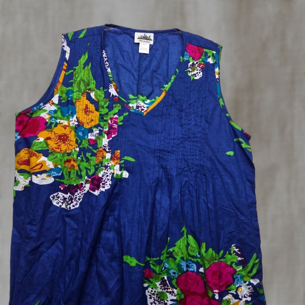 Vintage Metropolitan Women's Dress Sundress Casual 1X Blue Floral Midi Sleeveless Scoop Neck Summer Vintage No 0 Size XL / US 12-14 / IT 48-50 - 1 Thumbnail