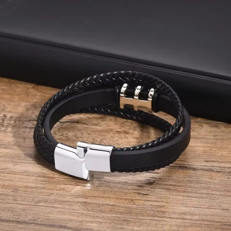 Jewelry × Leather New Style Gentle Black Mens Bracelet PU Leather Size ONE SIZE - 5 Thumbnail