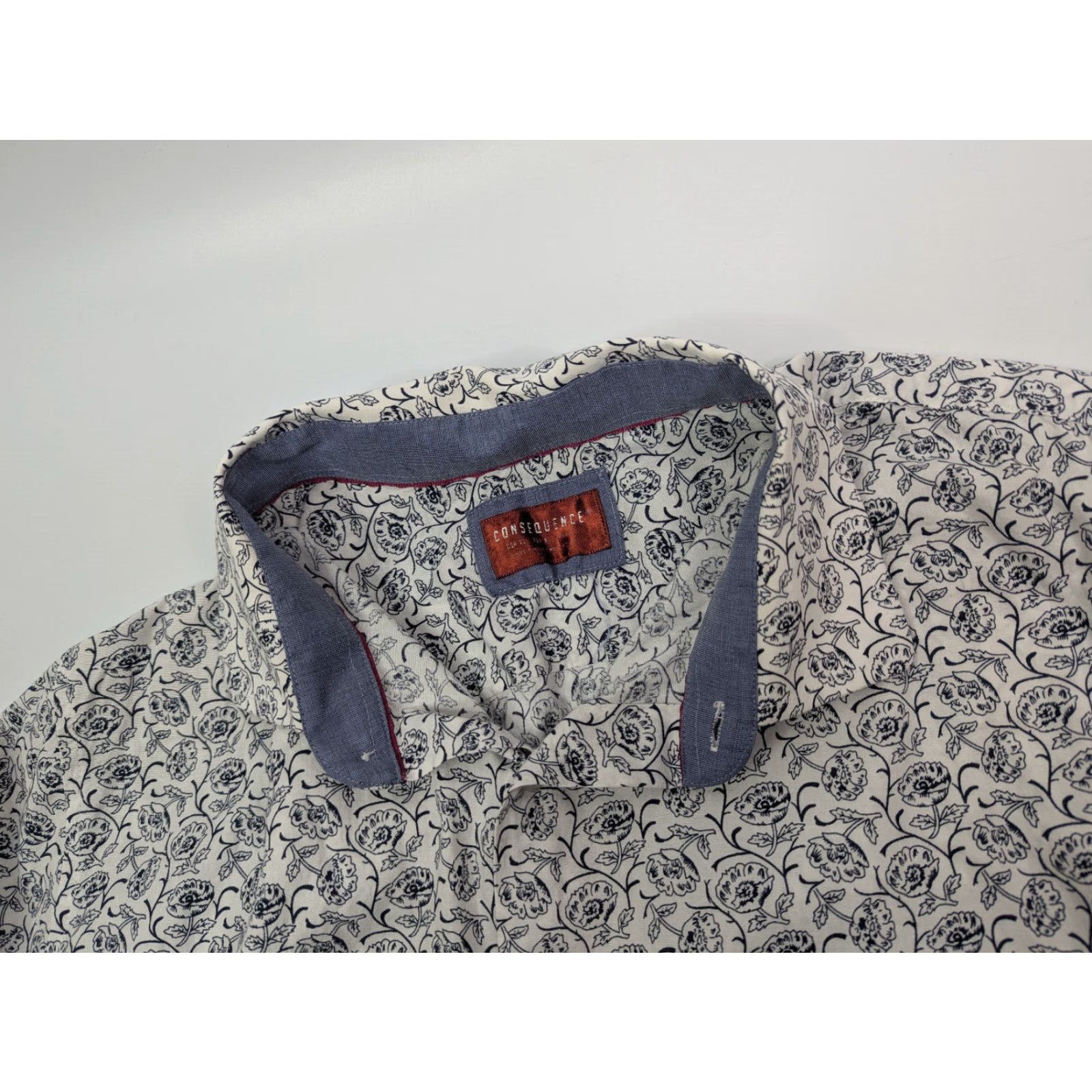 Vintage Consequence Shirt Mens XL Floral White Navy Button Up Long Sleeve Stretch Size US XL / EU 56 / 4 - 6 Thumbnail