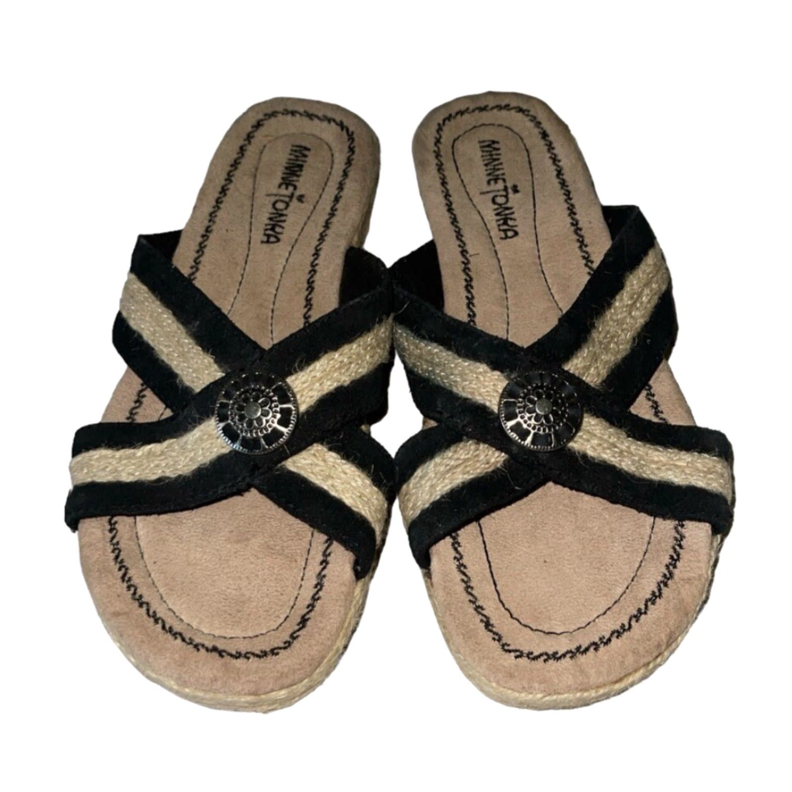 Minnetonka Minnetonka Sandal Women's Espadrille Leather Upper Black Tan Size 7 Flat Criss Cross Comfort Footwear Size US 7 / IT 37 - 5 Thumbnail