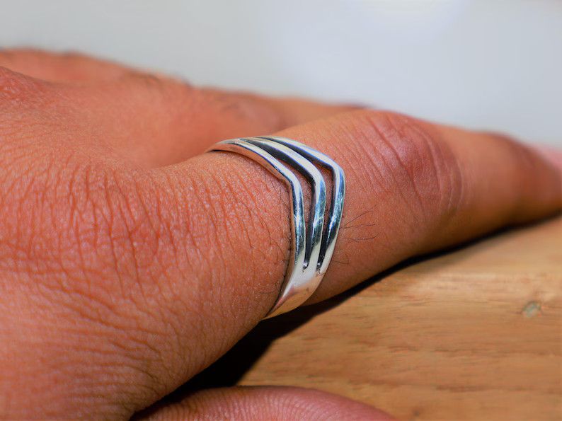 Handmade V Shape Ring, 925 Sterling Silver Band, Triple Chevron Ring, Size ONE SIZE - 7 Thumbnail