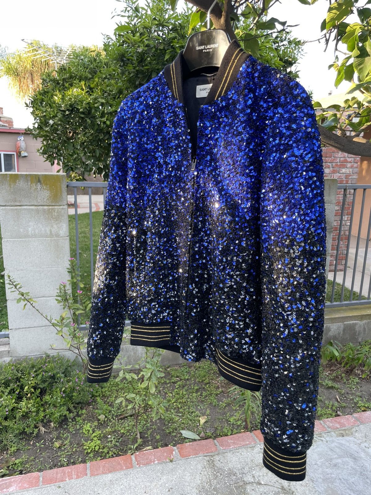 Saint Laurent Paris Saint Laurent Paris Teddy Varsity Sequin Bomber Jacket Blue Size US XS / EU 42 / 0 - 4 Thumbnail