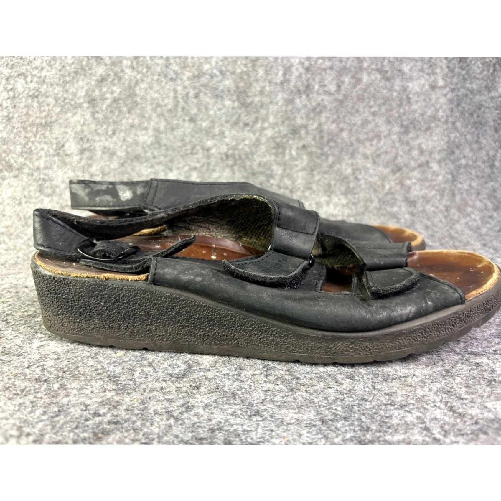 Vintage Fly Flot Sandals Womens 40 Black Leather Slingback Wedge Italy Size US 10 / IT 40 - 4 Thumbnail