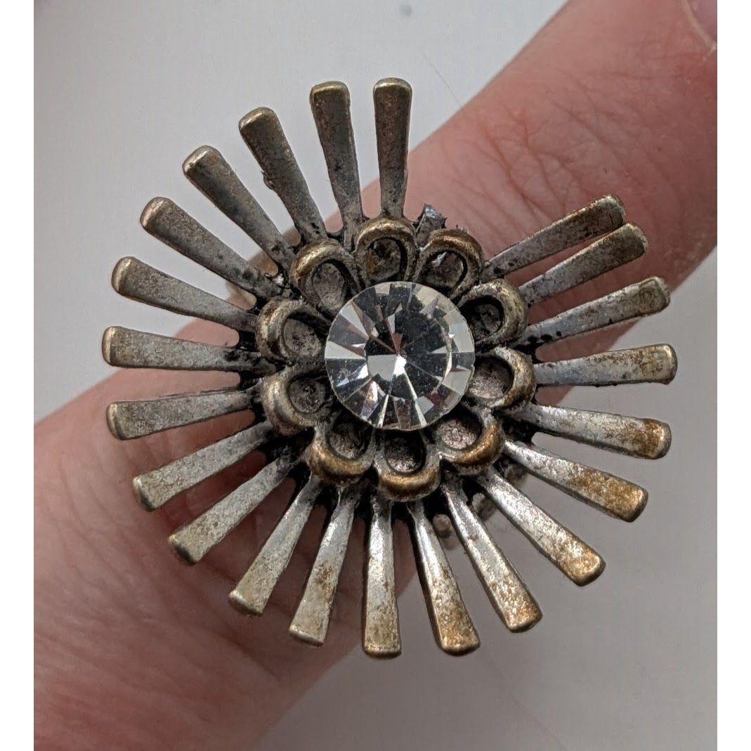 Other Vintage Adjustable Silver Tone Sunburst Ring With Rhinestone Size ONE SIZE - 7 Thumbnail
