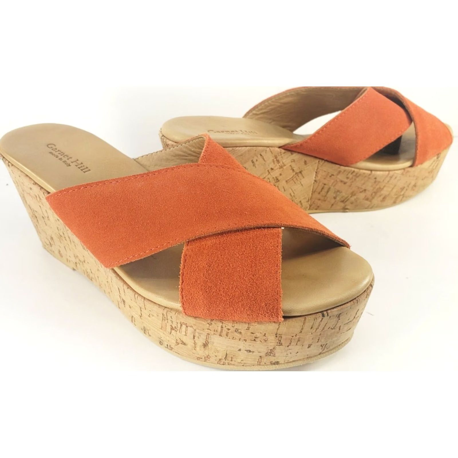 Vintage Garnet Hill Orange Canvas Cork Wedge Sandals 9M Leather Insoles Slip On Women Size US 9 / IT 39 - 2 Thumbnail