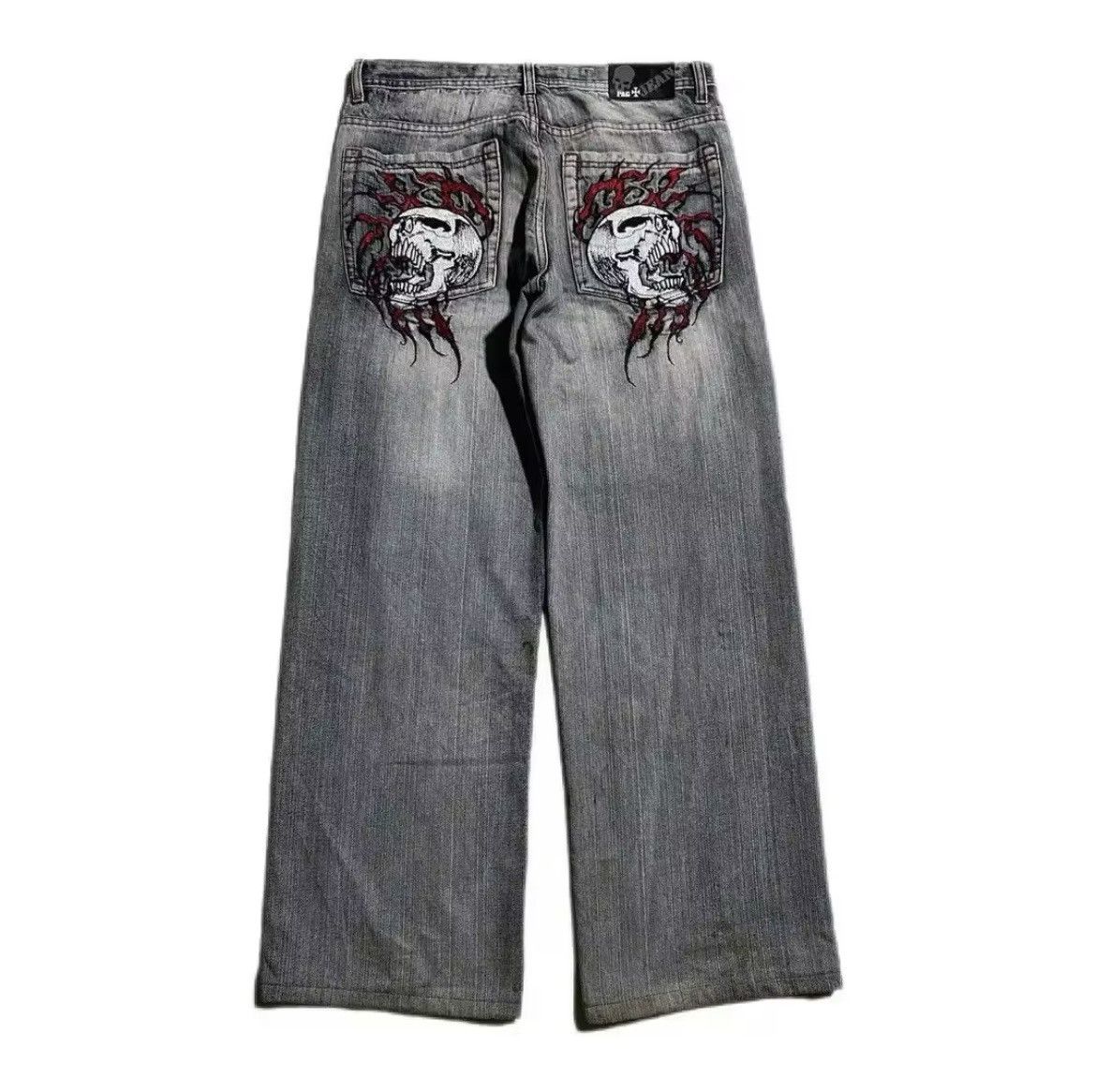 Grey Y2K baggy jeans with gothic ornaments