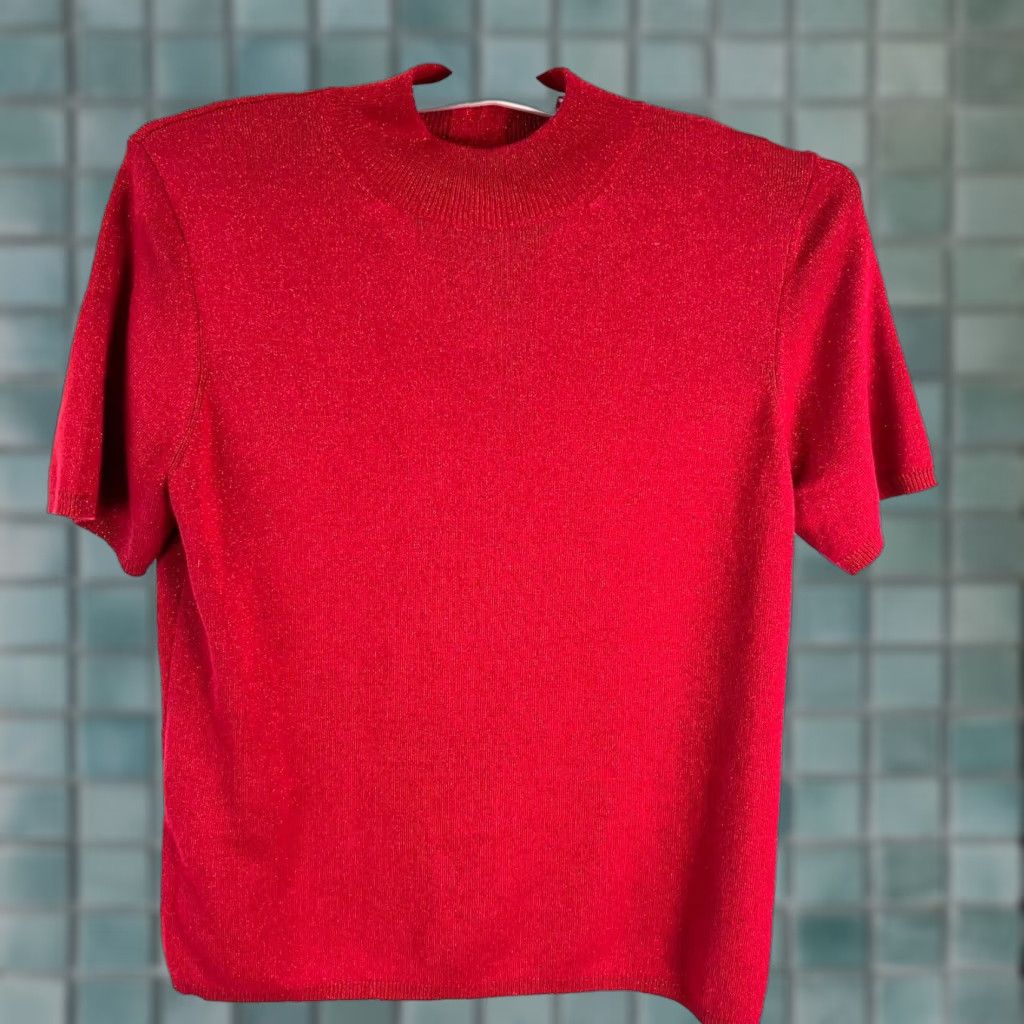 Vintage Draper's & Damon's Short Sleeve Knit Sweater Top Womens XL Red Metallic Knit Pullover Size XL / US 12-14 / IT 48-50 - 1 Thumbnail