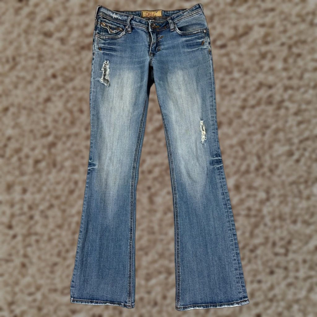 Denime Chiqle Jeans Womens 7 Blue Denim Distressed Flared 26x31 5-Pocket Zip Embroidered Zipper Button Regular 31 Inseam" Size 28" / US 6 / IT 42 - 1 Thumbnail