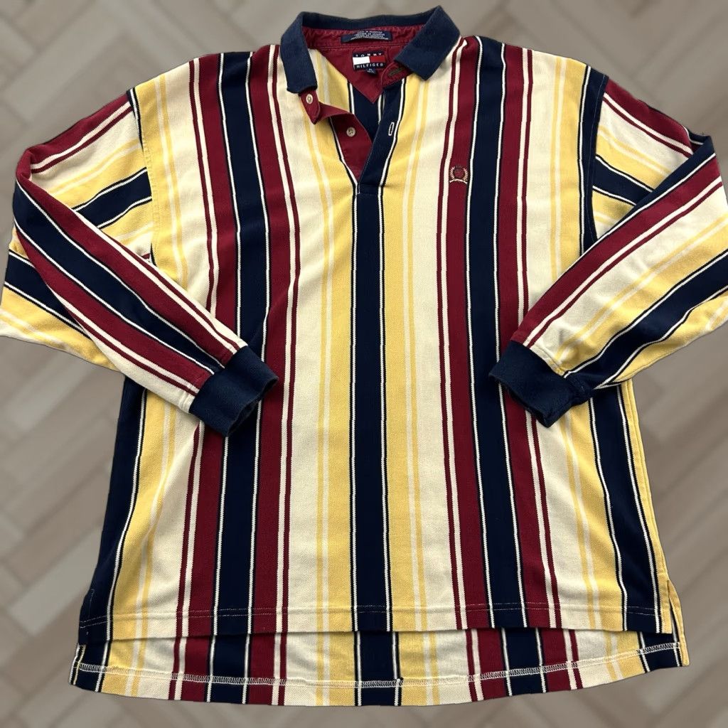 Tommy Hilfiger Tommy Hilfiger Striped Long Sleeve Button-Up Shirt Mens XL Maroon 90s Rugby Shirt Size US XL / EU 56 / 4 - 1 Thumbnail