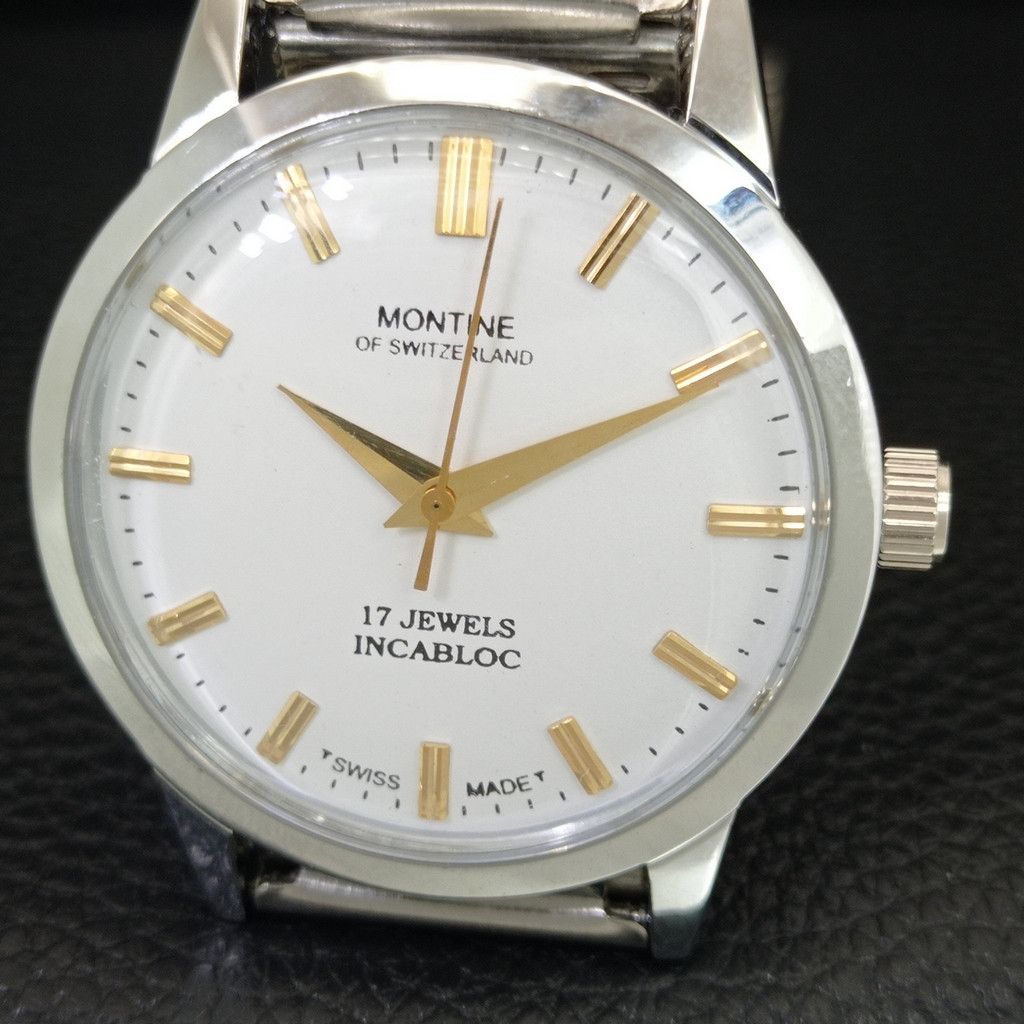 Other VINTAGE MONTINE HAND-WINDING SWISS MENS WHITE WATCH a444166 Size 38 - 3 Thumbnail