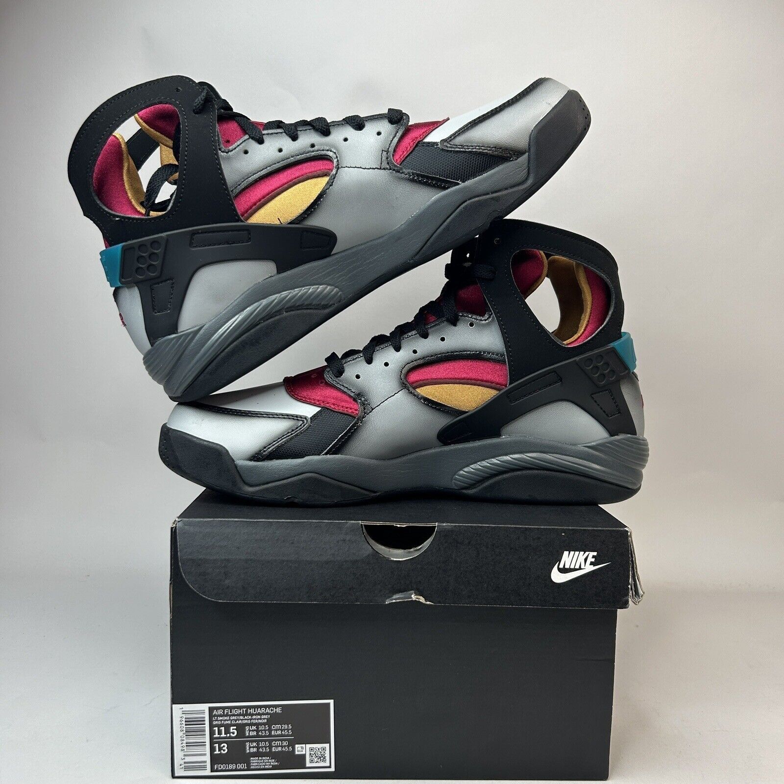 Nike Nike Air Flight Huarache Hoop Pack “Bordeaux Grey” 2023 Size US 11.5 / EU 44-45 - 3 Thumbnail