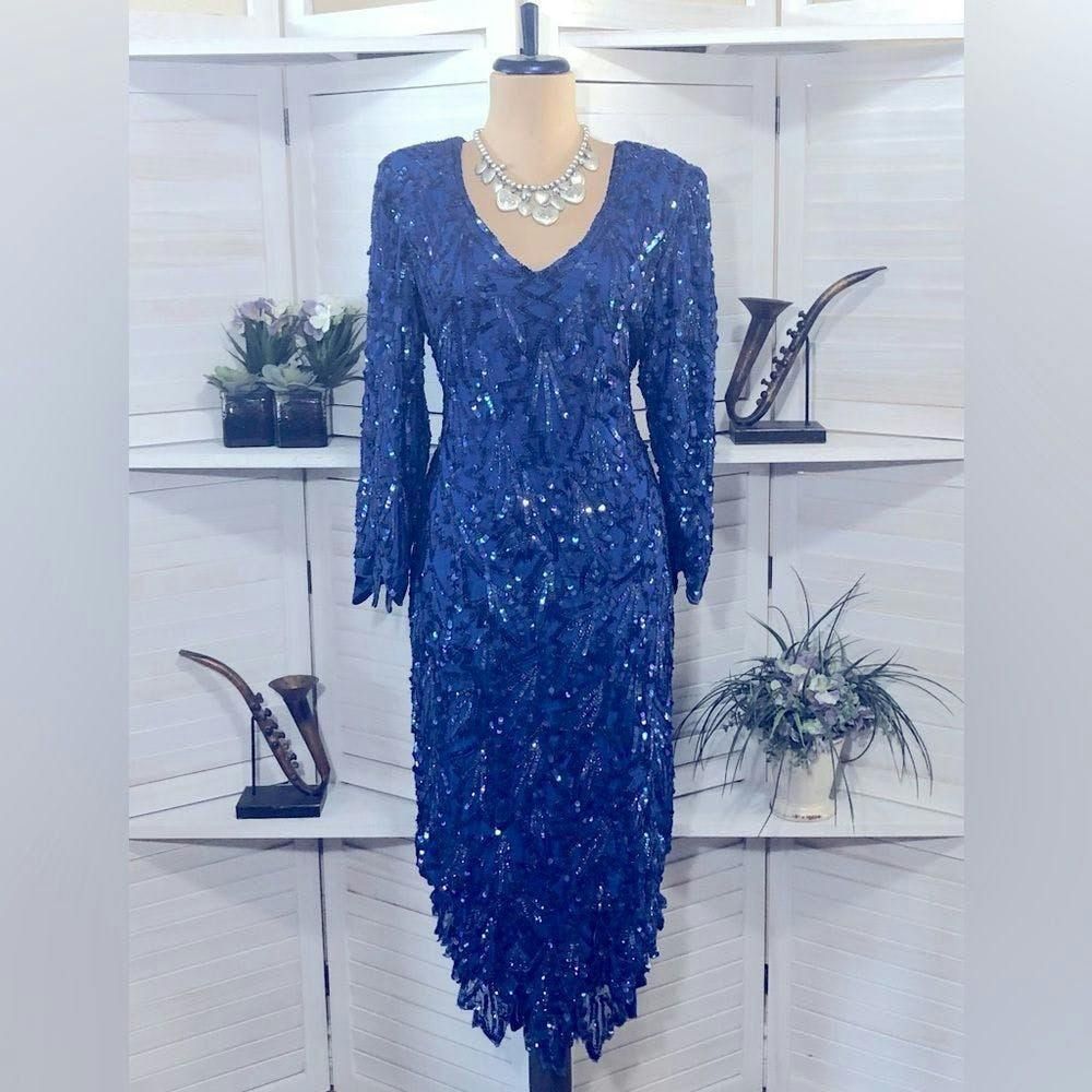 image of Vintage Vtge Sequined Shiny Royal Blue 100% Silk Sexy Formal Dress M, Women's (Size Medium)