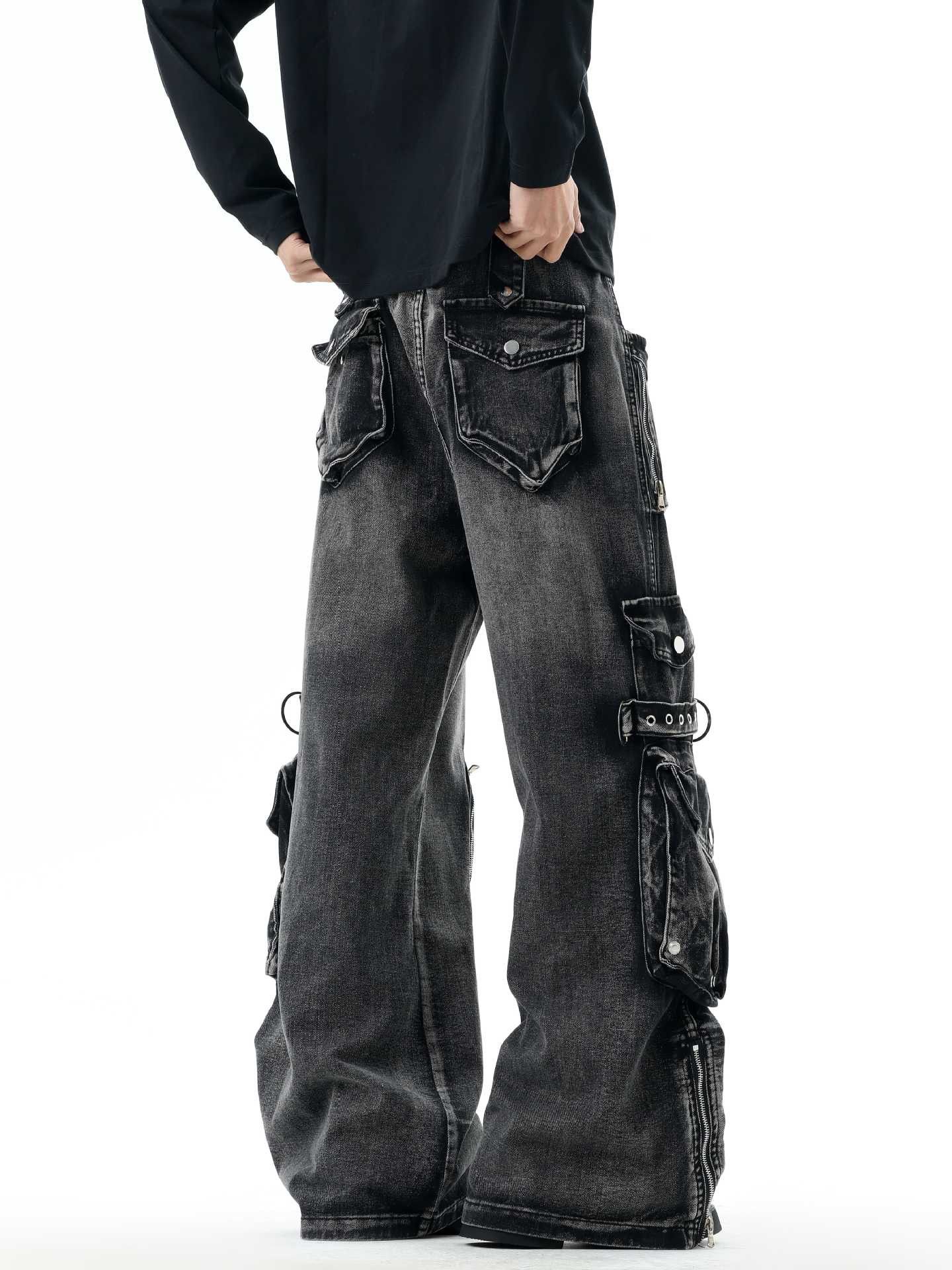 Japanese Brand Black Wide Leg Cargo Denim Pants, Baggy Cargo Jeans Size US 28 / EU 44 - 13 Thumbnail