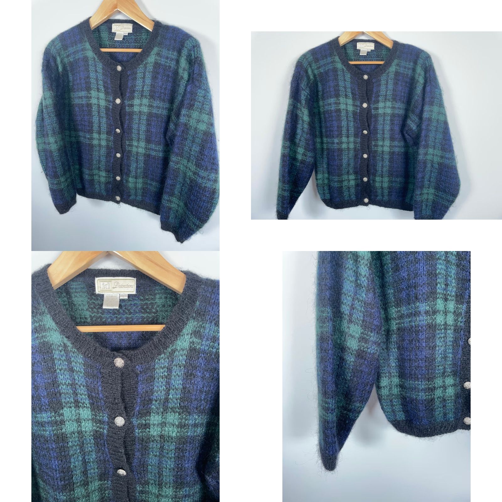 Swatch VINTAGE 90s Mohair Cardigan Women's Large Green Blue Black Watch Sweater Boxy Fit Size L / US 10 / IT 46 - 8 Thumbnail