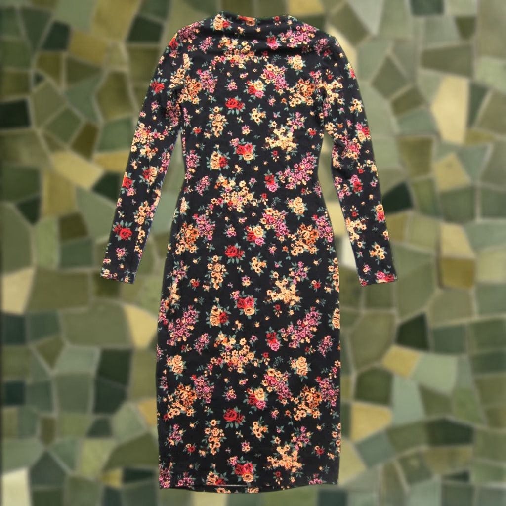 Vintage Haley & June Black Pink Floral Long Sleeve High Neck Stretch Pencil Dress Small Size S / US 4 / IT 40 - 1 Thumbnail