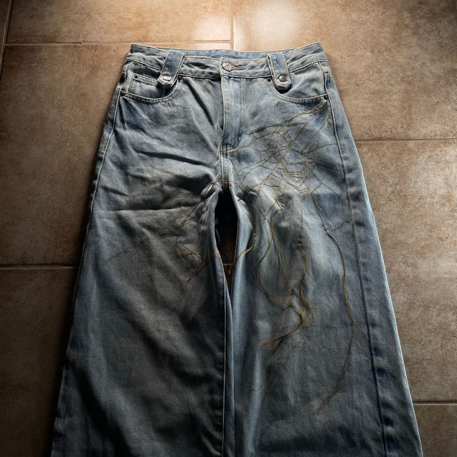 Hysteric Glamour Spider Web Embroidered Blue Wide-Leg Baggy Denim Jeans Size US 29 - 10 Thumbnail