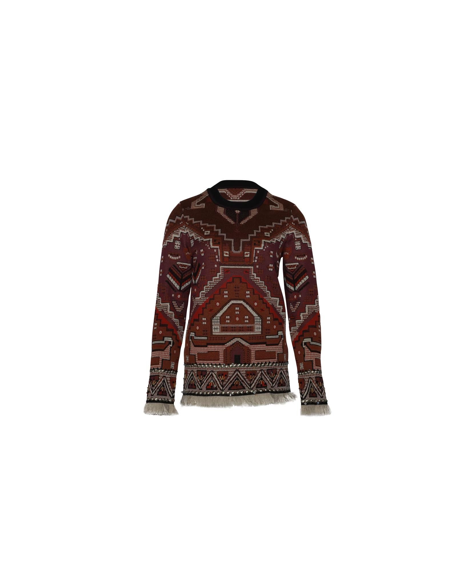 image of Tory Burch Tapestry Jacquard Sweater In Brown Print Wool, Women's (Size Small)