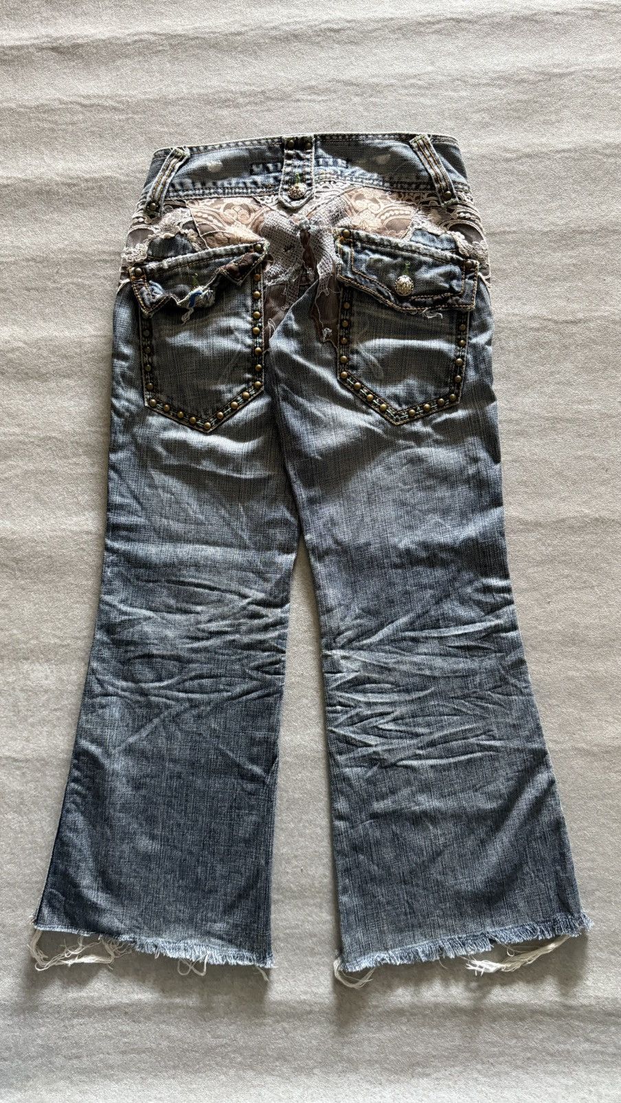 Japanese Brand Perfume by COOLA Distress Flare Denim Jeans Lace Patchwk Y2K Size 27" / US 4 / IT 40 - 1 Thumbnail