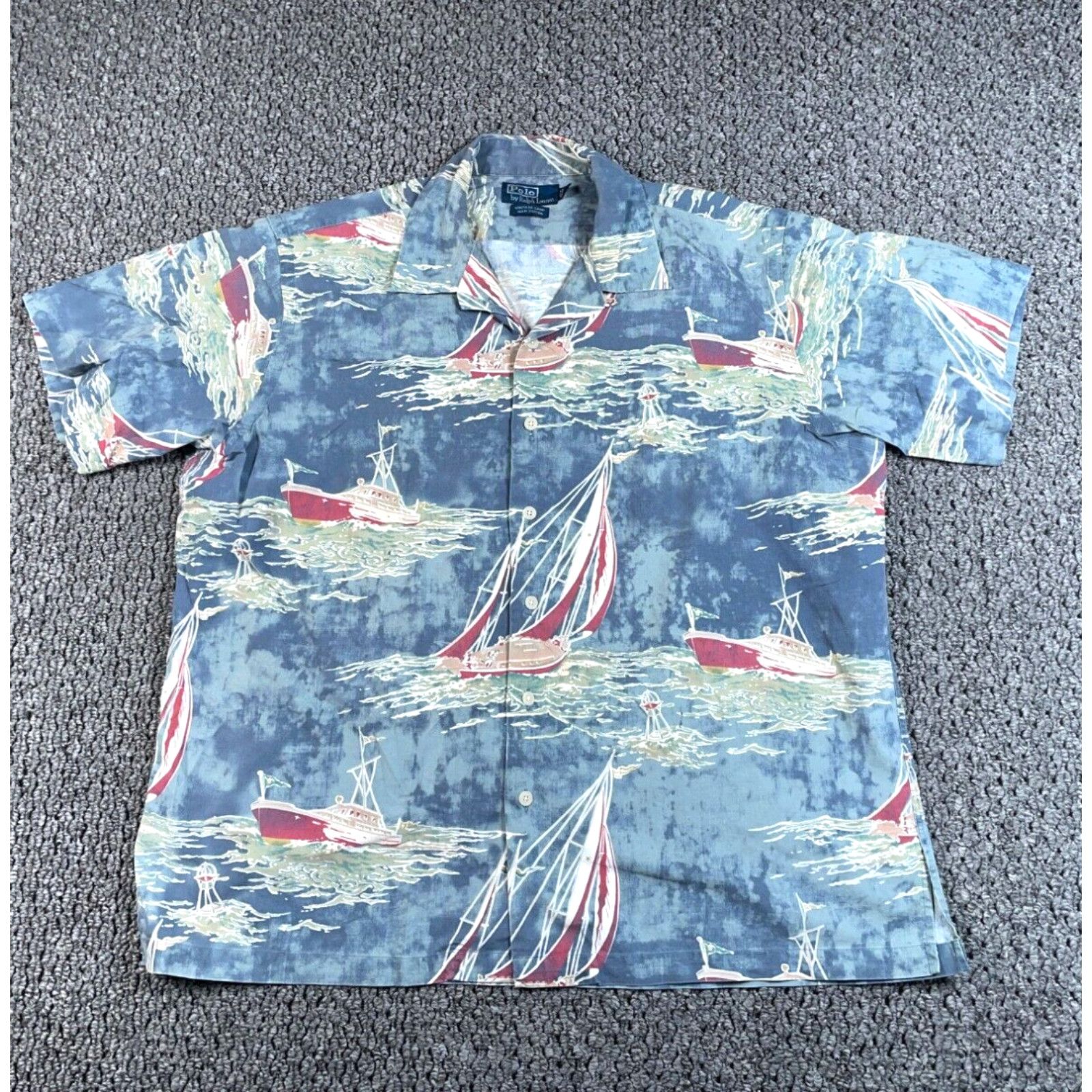 image of Polo Ralph Laurent Vintage Camp Collar Shirt Adult XL Blue Nautical Boat Print in White, Men's