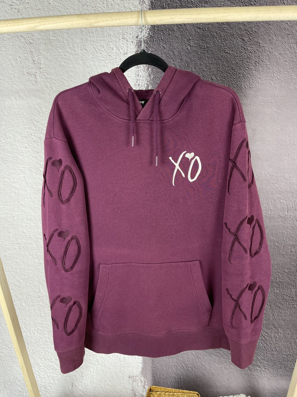 image of H&m x The Weeknd Big Embroidery Xo Sleeve Logos Hoodie in Burgundy, Men's (Size Medium)