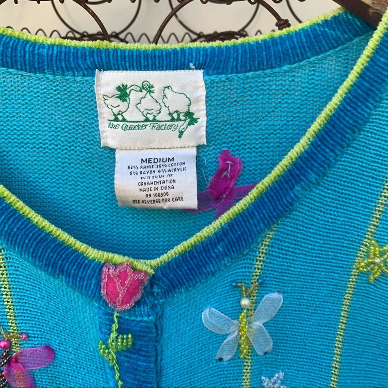 Vintage Quacker Factory blue cardigan spring flowers Size M / US 6-8 / IT 42-44 - 3 Thumbnail