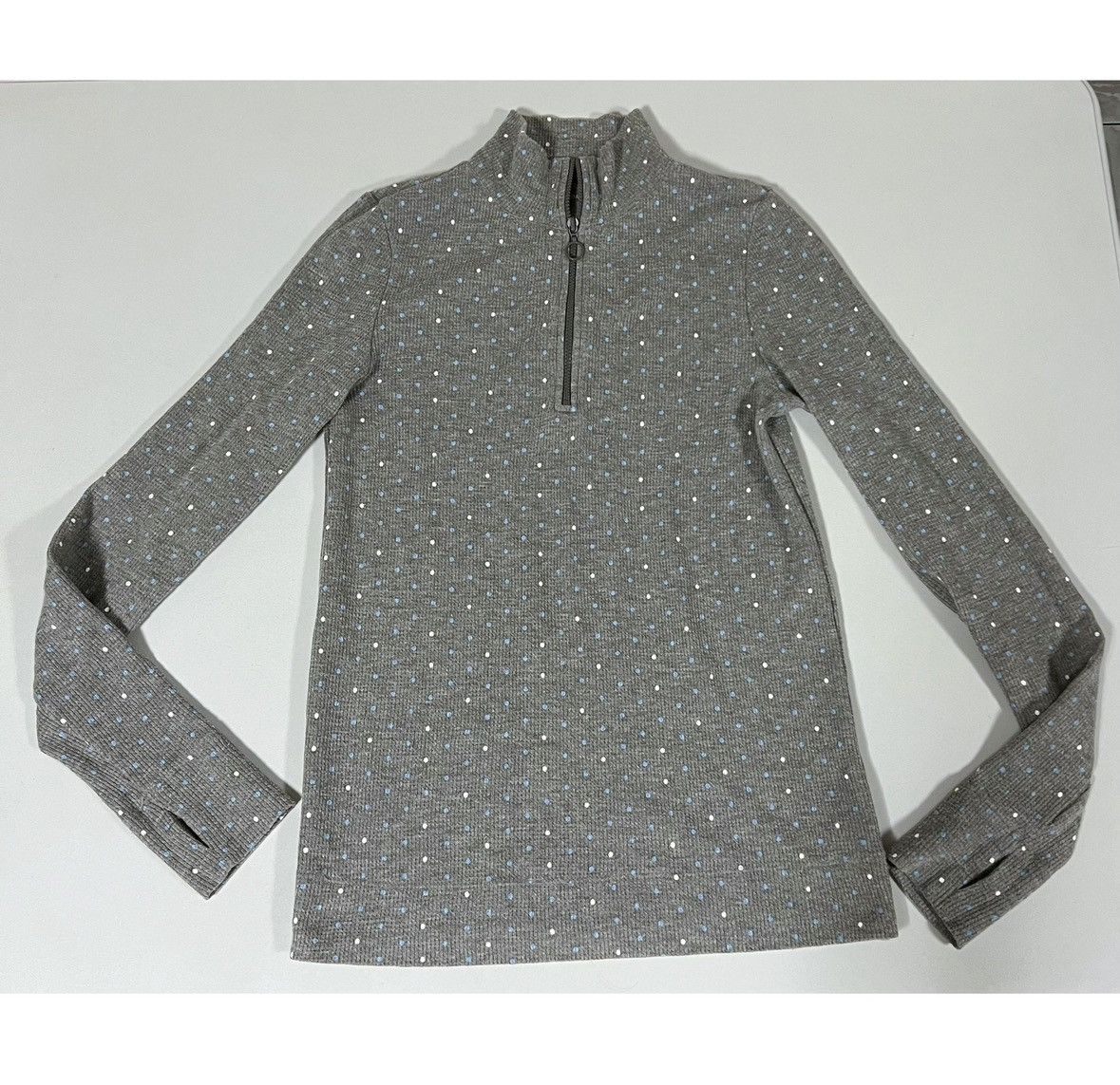 American Eagle Outfitters Aerie Gray Polka Dot Quarter-Zip Long Sleeve Shirt Size S 🩶🩵 Size S / US 4 / IT 40 - 1 Thumbnail