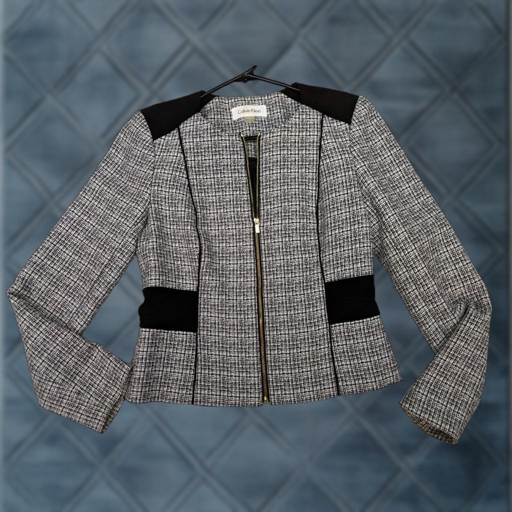 Calvin Klein Calvin Klein Womens 2 Stretch Black White Tweed Full Zip Jacket DK Split Size XXL / US 16-18 / IT 52-54 - 1 Thumbnail