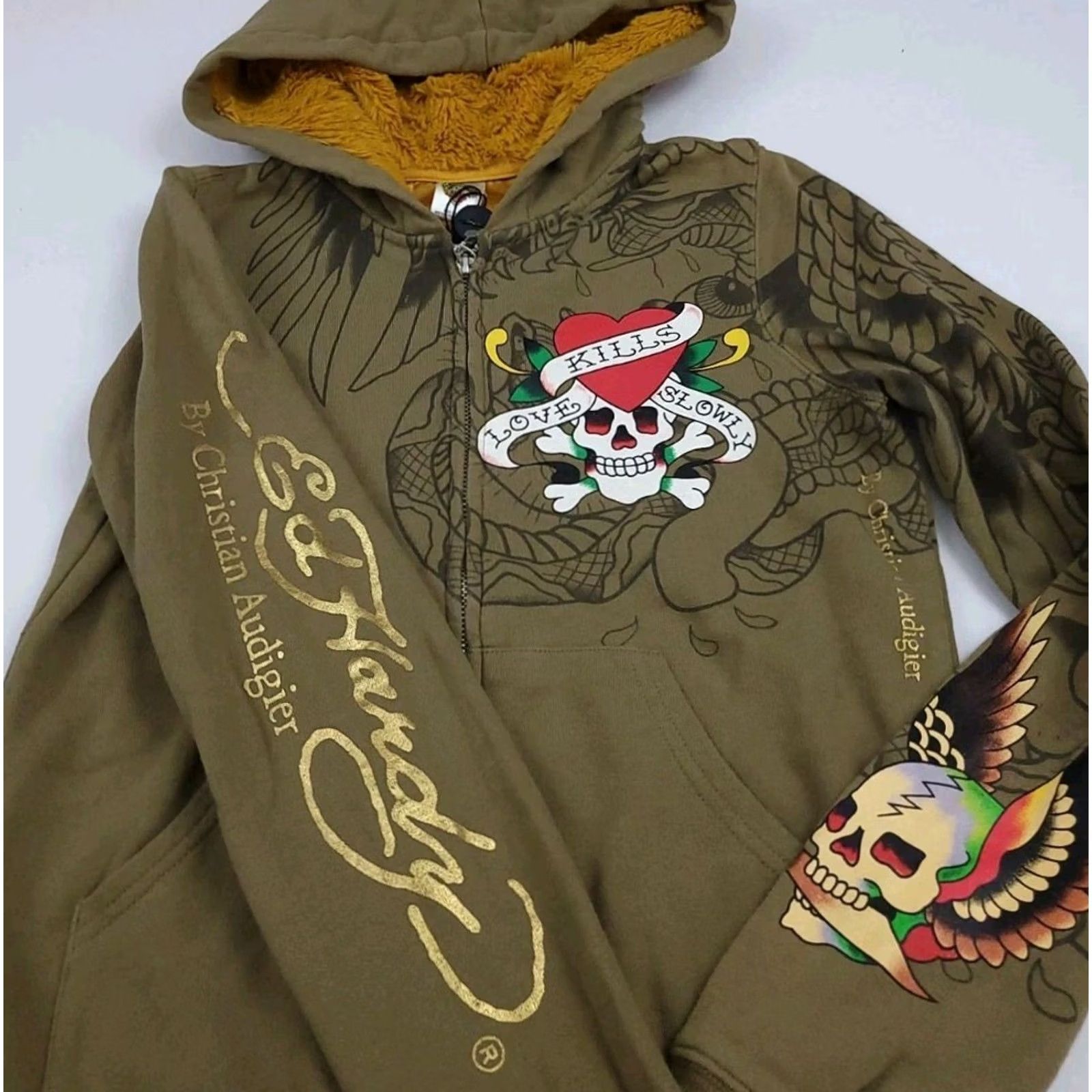 Ed Hardy VINTAGE Ed Hardy Love Kills Lined Zip Hoodie XS Womens Hoodie XS Brown Crew Neck Size XS / US 0-2 / IT 36-38 - 4 Thumbnail