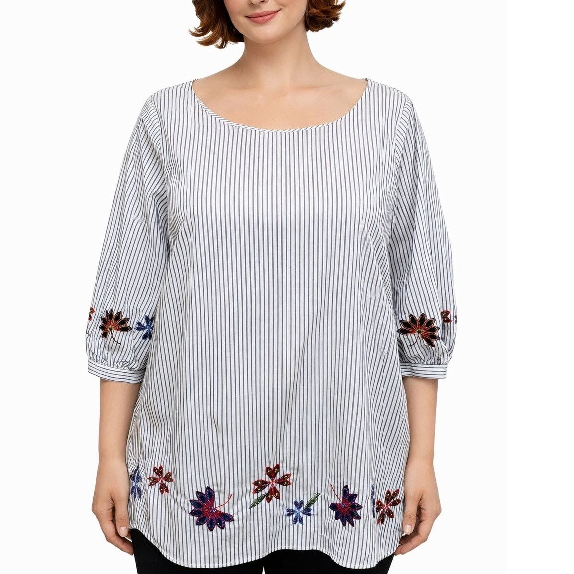 Nordstrom Eloquii Blouse Tunic Top Plus14 Pinstriped Floral Embroidery Size XL / US 12-14 / IT 48-50 - 1 Thumbnail