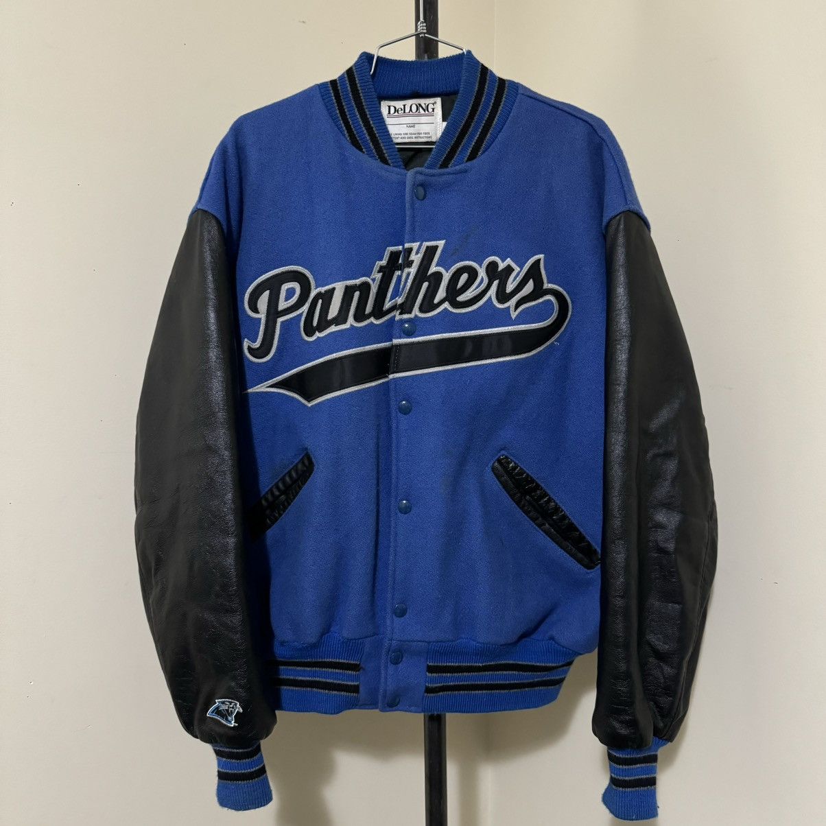 image of Delong Panthers Varsity Jacket Leather Wool Usa in Black, Men's (Size Large)