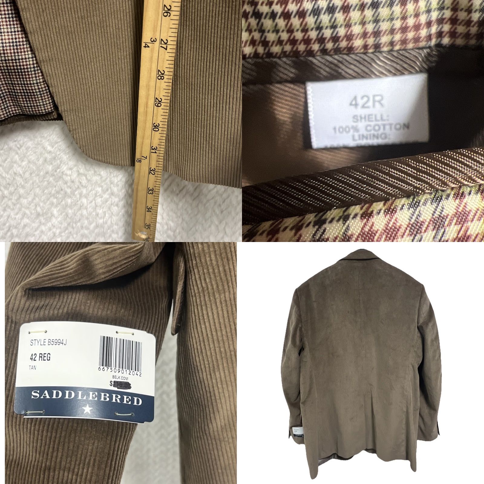 Vintage Saddlebred Corduroy Sport Coat Blazer Men’s 42R Brown 100% Cotton NWT Size 42R - 8 Thumbnail