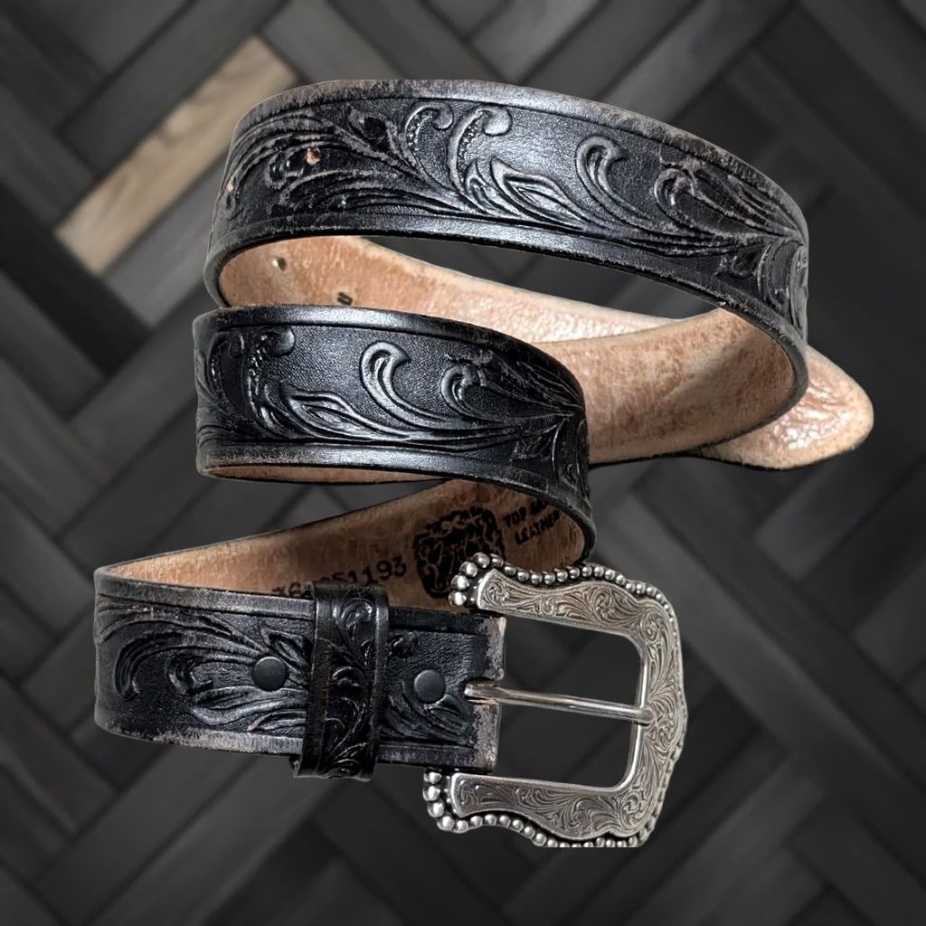 Tony Lama VINTAGE Tony Lama Belt 34 black TOOLED cowhide leather WESTERN buckle USA made Size 34 - 1 Thumbnail