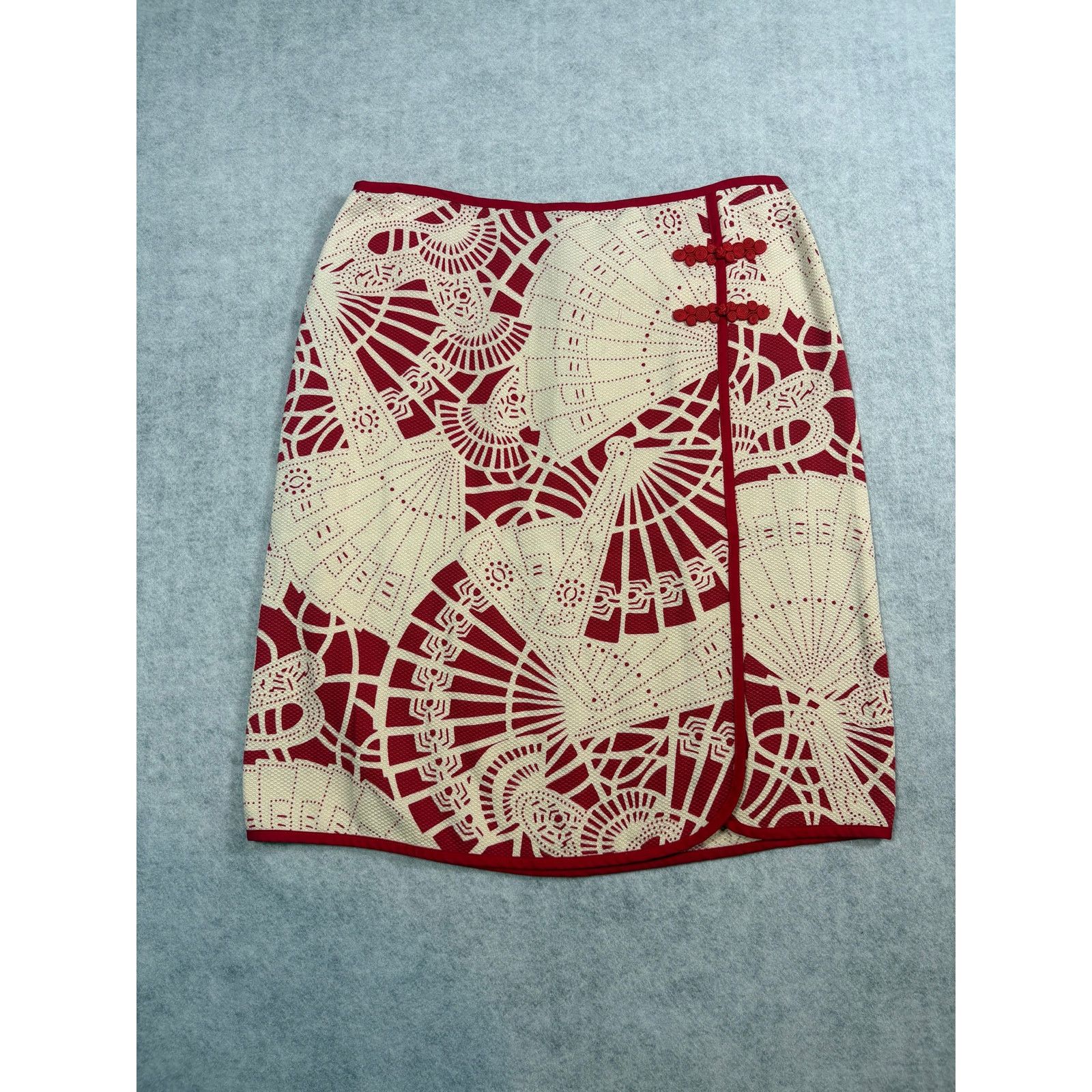 Other Beth Bowley Red Cream Fan Print Wrap Style, Unique #0526 Size 30" / US 8 / IT 44 - 1 Thumbnail