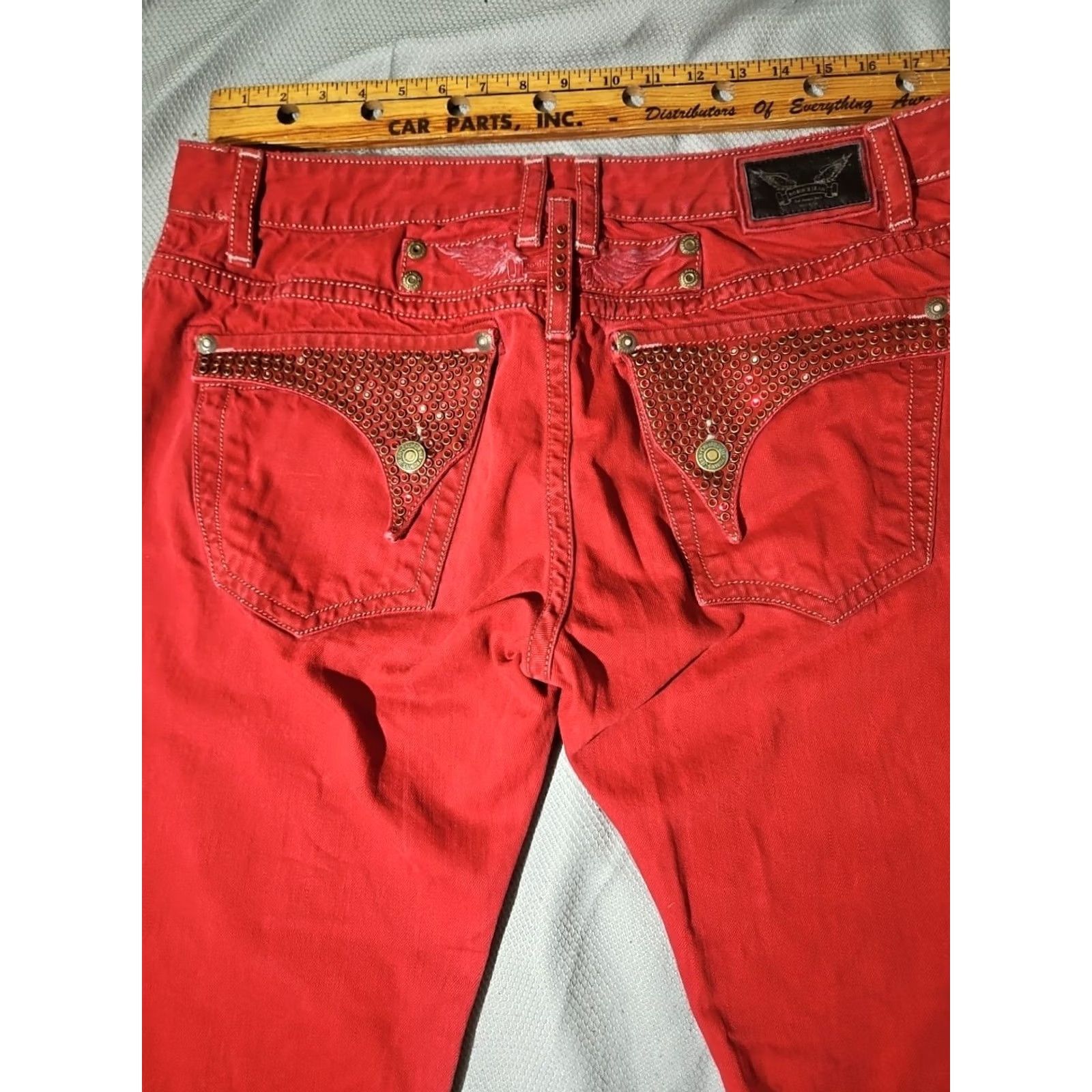 Denime Robins Jeans Mens 38 Red New Flap Denim Embellished Rhinestone Pocket USA Jeans Size US 38 / EU 54 - 2 Thumbnail
