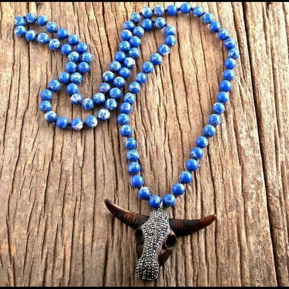 Other Boho Western Cow Skull Necklace Womens Knotted Blue Stone Size ONE SIZE - 3 Thumbnail