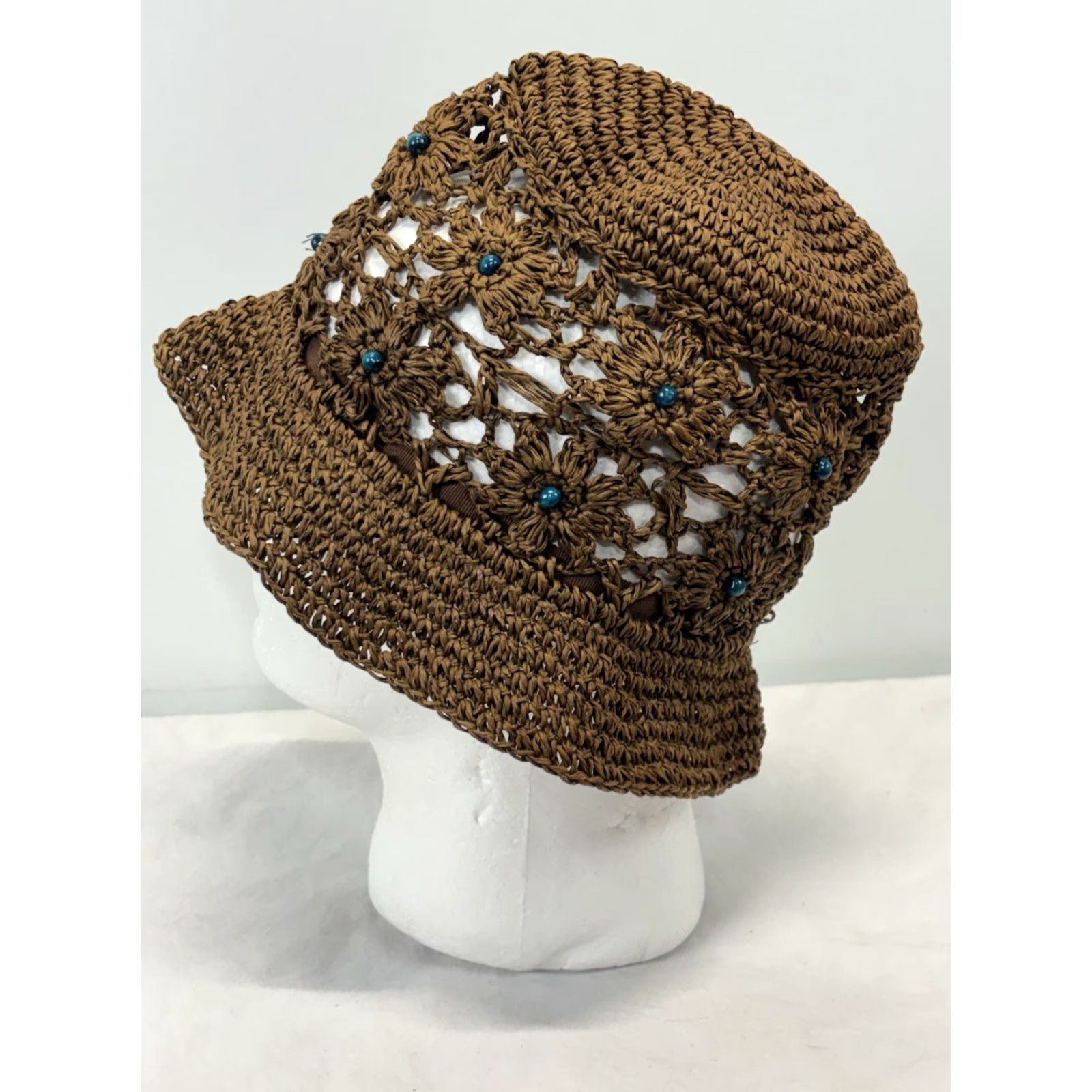 Vintage Unbranded Hat Bucket Crochet Raffia Bead Women’s Blue Brown One Size Y2K Hippie Indie Grunge Womens Size ONE SIZE - 3 Thumbnail